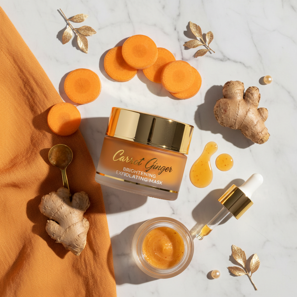 Carrot Ginger Brightening Exfoliating Mask luxury spa flat lay with fresh ingredients
