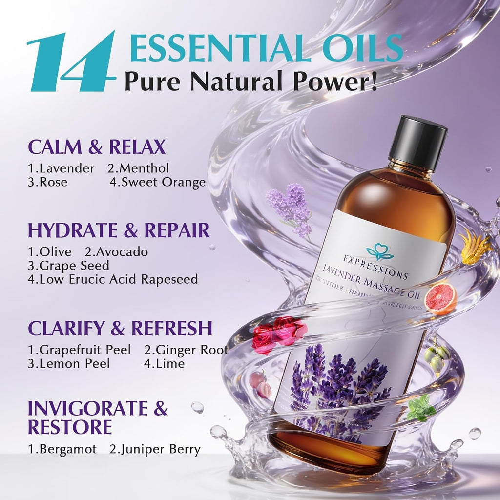 bottle of smoothing body massage oil with natural ingredients