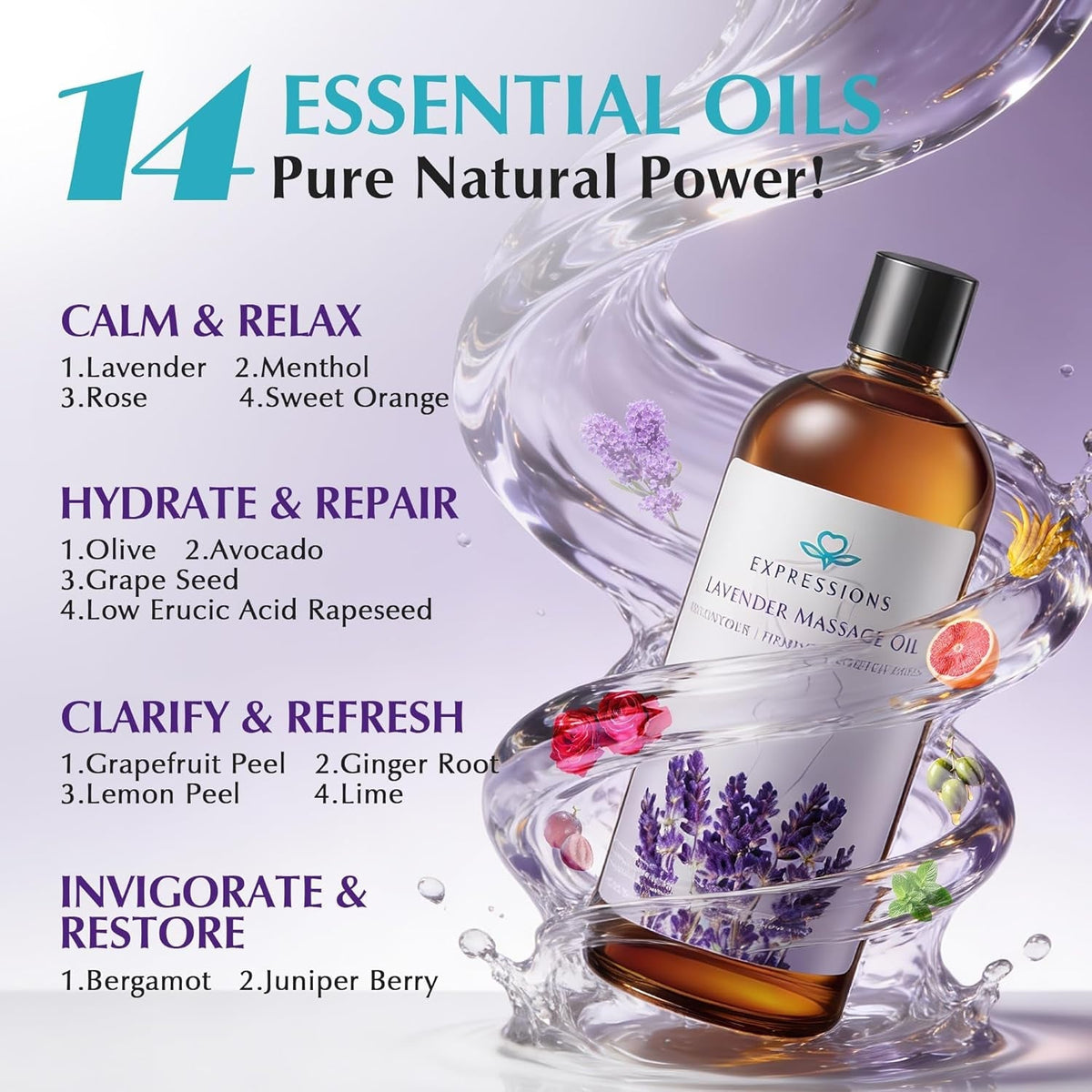 bottle of smoothing body massage oil with natural ingredients