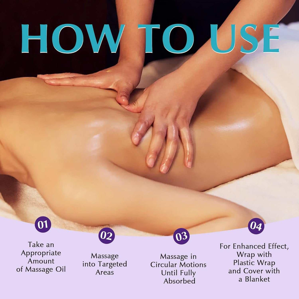 bottle of smoothing body massage oil with tropical leaves